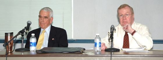 Leigh Middleditch (Left) and Terry Cooper speaking at the Senior Center in Charlottesville.